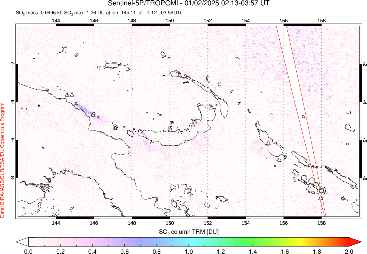 A sulfur dioxide image over Papua, New Guinea on Jan 02, 2025.