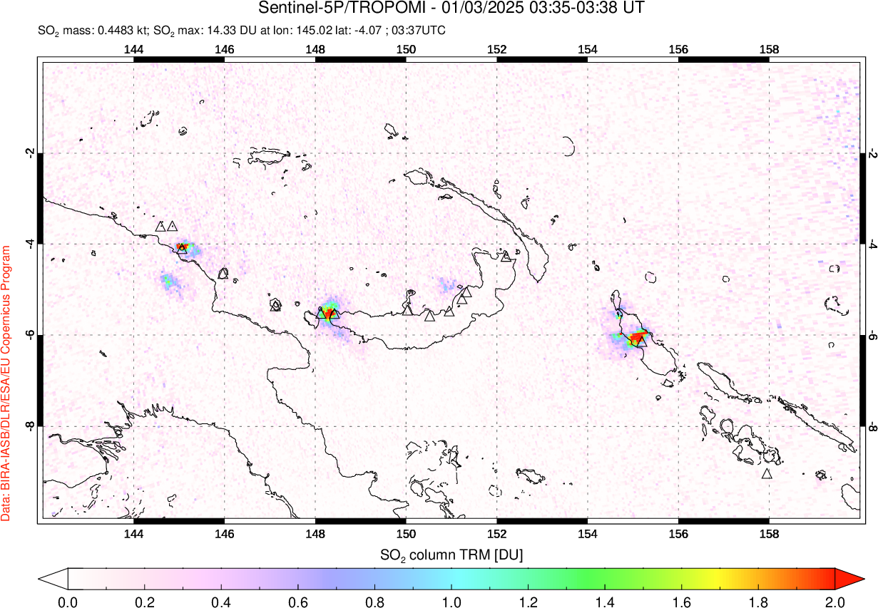 A sulfur dioxide image over Papua, New Guinea on Jan 03, 2025.