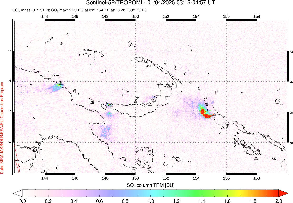 A sulfur dioxide image over Papua, New Guinea on Jan 04, 2025.