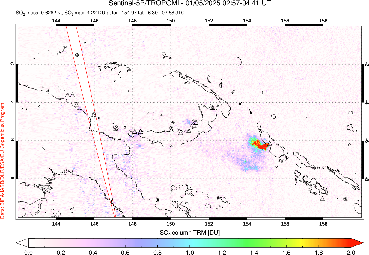 A sulfur dioxide image over Papua, New Guinea on Jan 05, 2025.