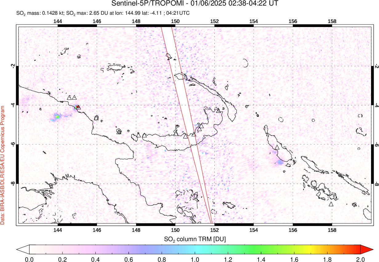 A sulfur dioxide image over Papua, New Guinea on Jan 06, 2025.