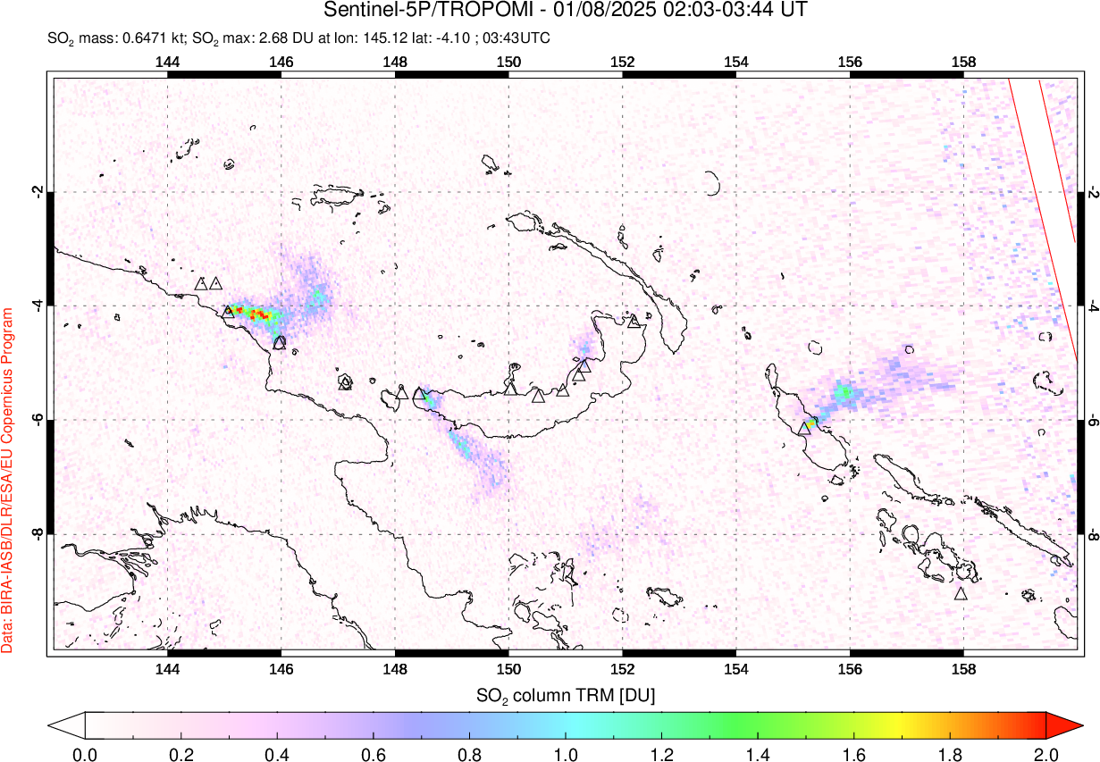 A sulfur dioxide image over Papua, New Guinea on Jan 08, 2025.