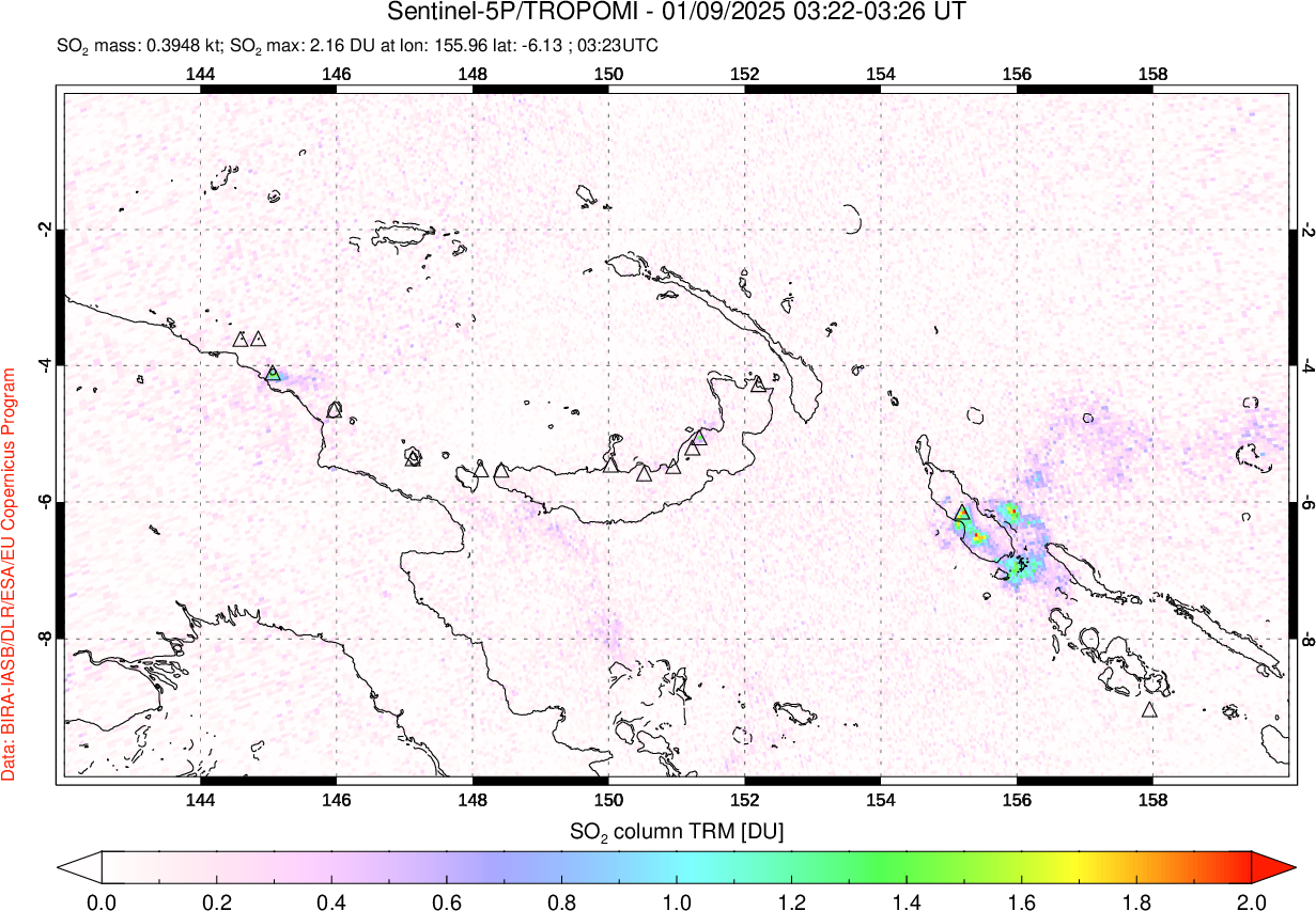 A sulfur dioxide image over Papua, New Guinea on Jan 09, 2025.