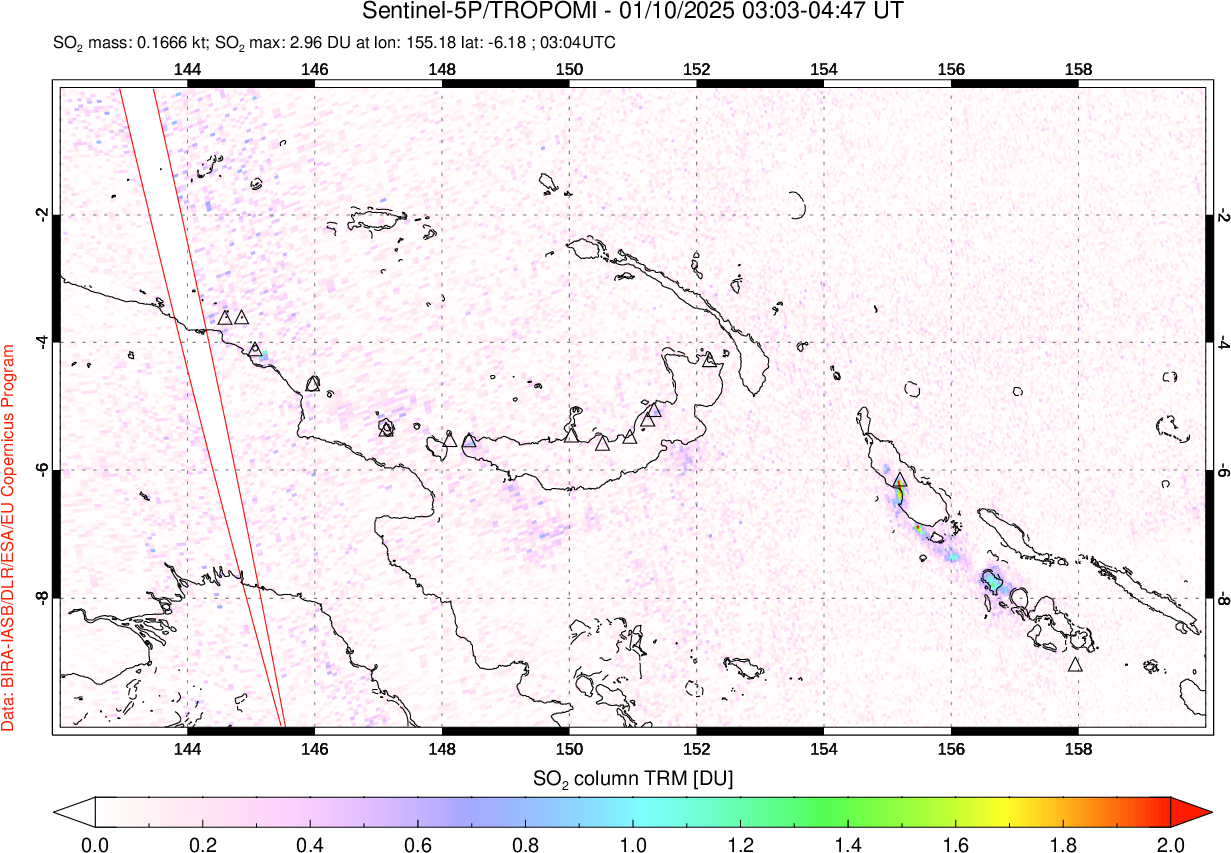 A sulfur dioxide image over Papua, New Guinea on Jan 10, 2025.