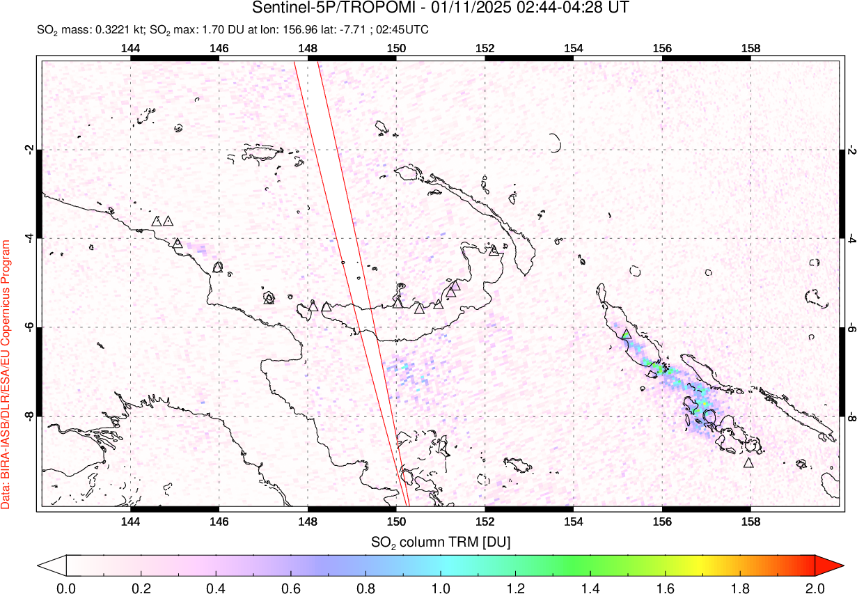 A sulfur dioxide image over Papua, New Guinea on Jan 11, 2025.