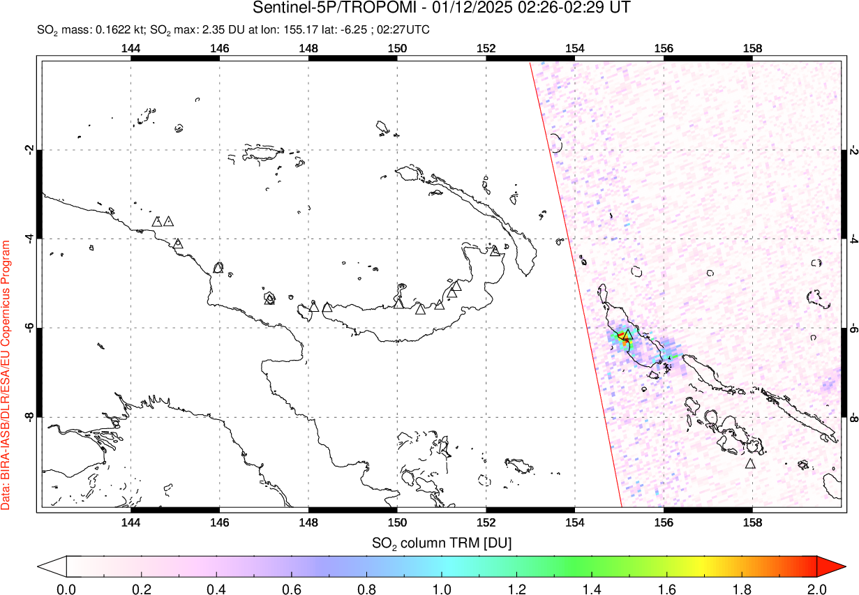 A sulfur dioxide image over Papua, New Guinea on Jan 12, 2025.