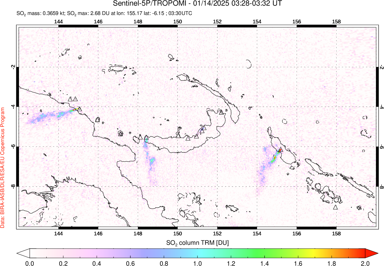 A sulfur dioxide image over Papua, New Guinea on Jan 14, 2025.