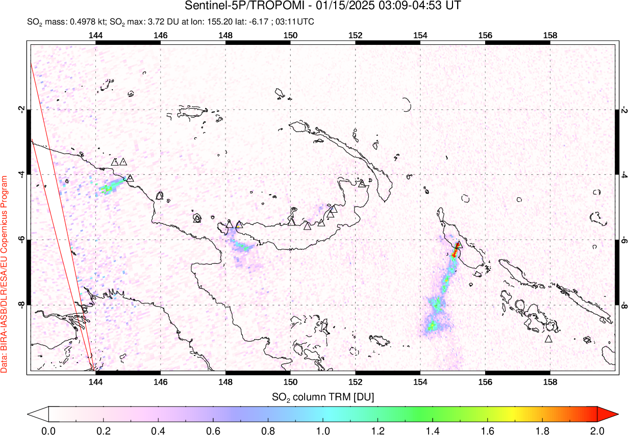 A sulfur dioxide image over Papua, New Guinea on Jan 15, 2025.