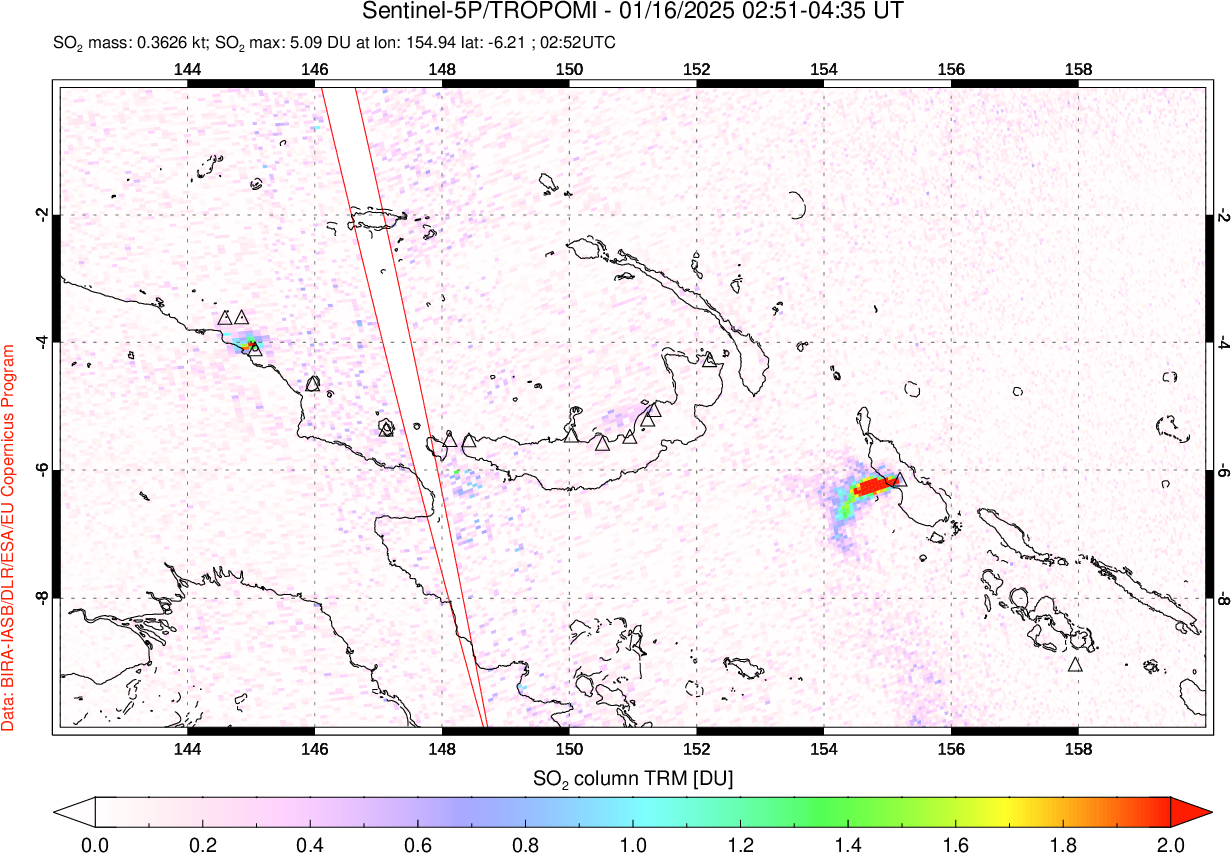 A sulfur dioxide image over Papua, New Guinea on Jan 16, 2025.