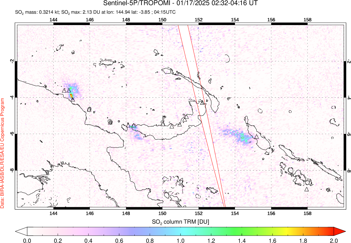 A sulfur dioxide image over Papua, New Guinea on Jan 17, 2025.