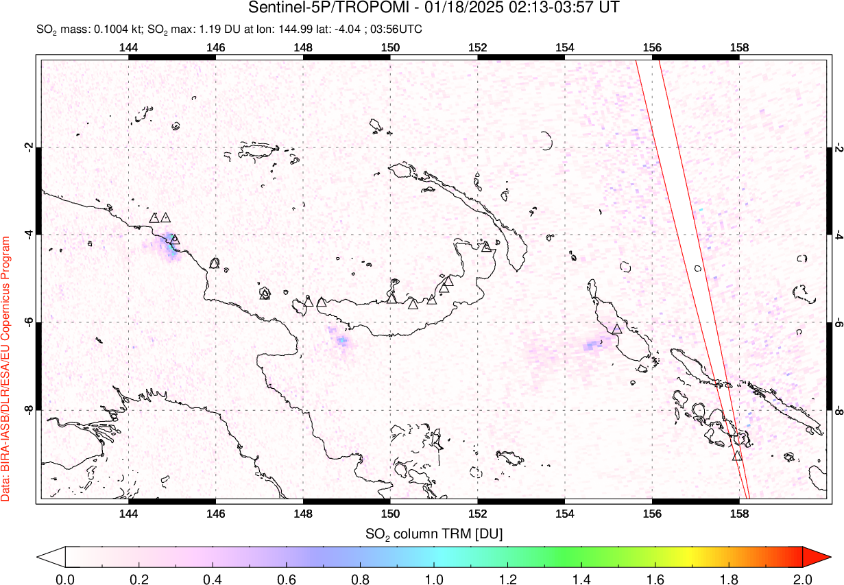 A sulfur dioxide image over Papua, New Guinea on Jan 18, 2025.