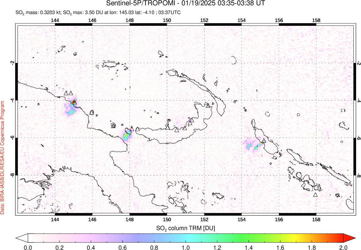 A sulfur dioxide image over Papua, New Guinea on Jan 19, 2025.