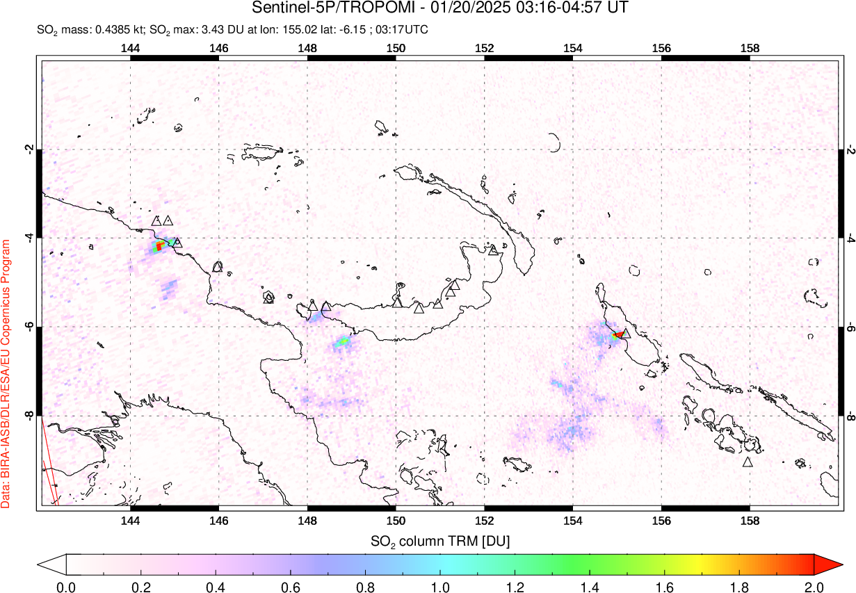 A sulfur dioxide image over Papua, New Guinea on Jan 20, 2025.