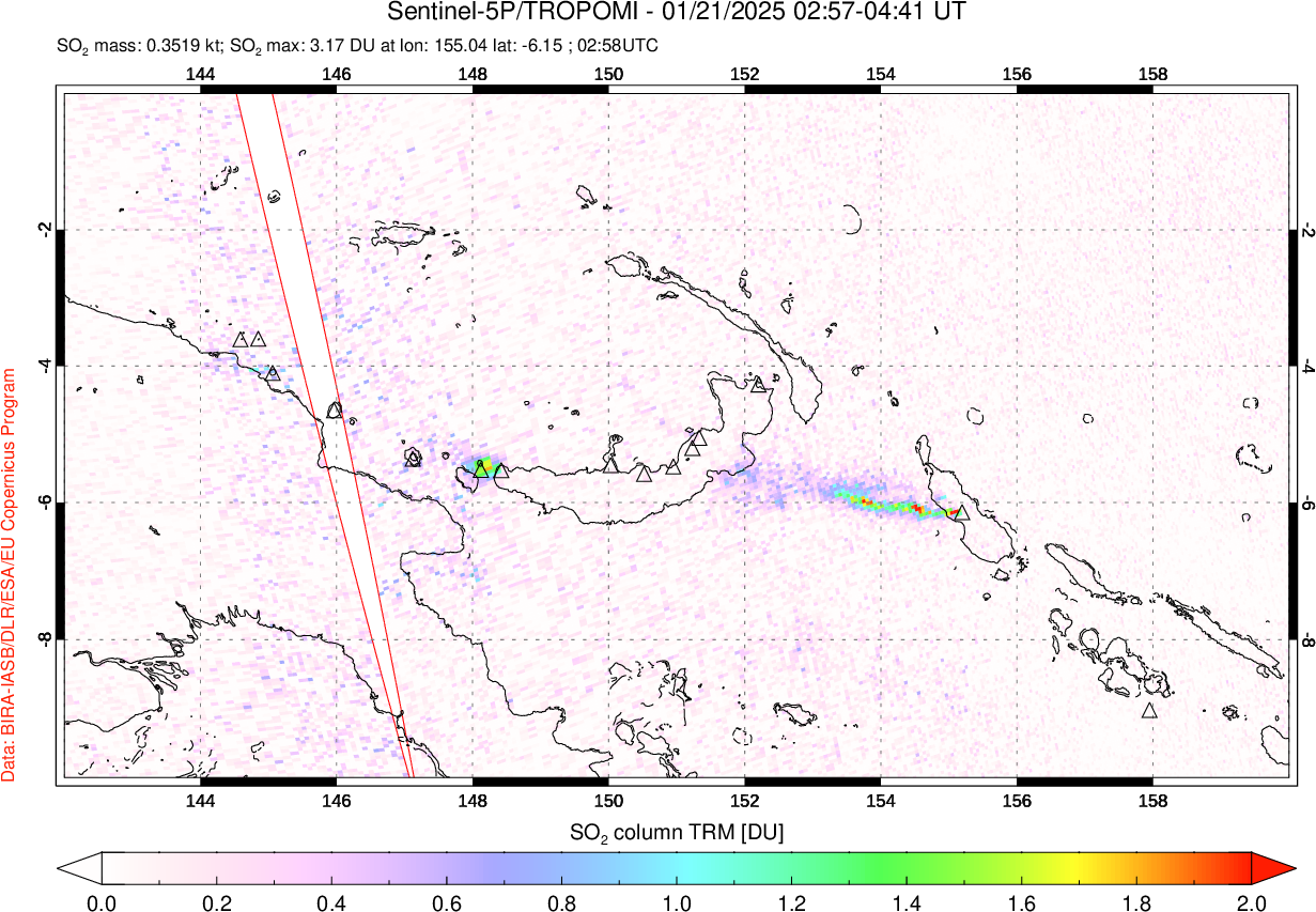 A sulfur dioxide image over Papua, New Guinea on Jan 21, 2025.