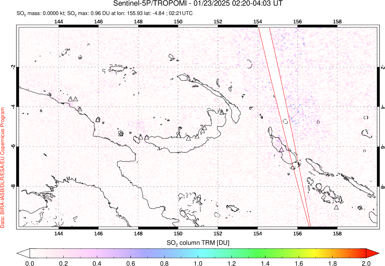 A sulfur dioxide image over Papua, New Guinea on Jan 23, 2025.