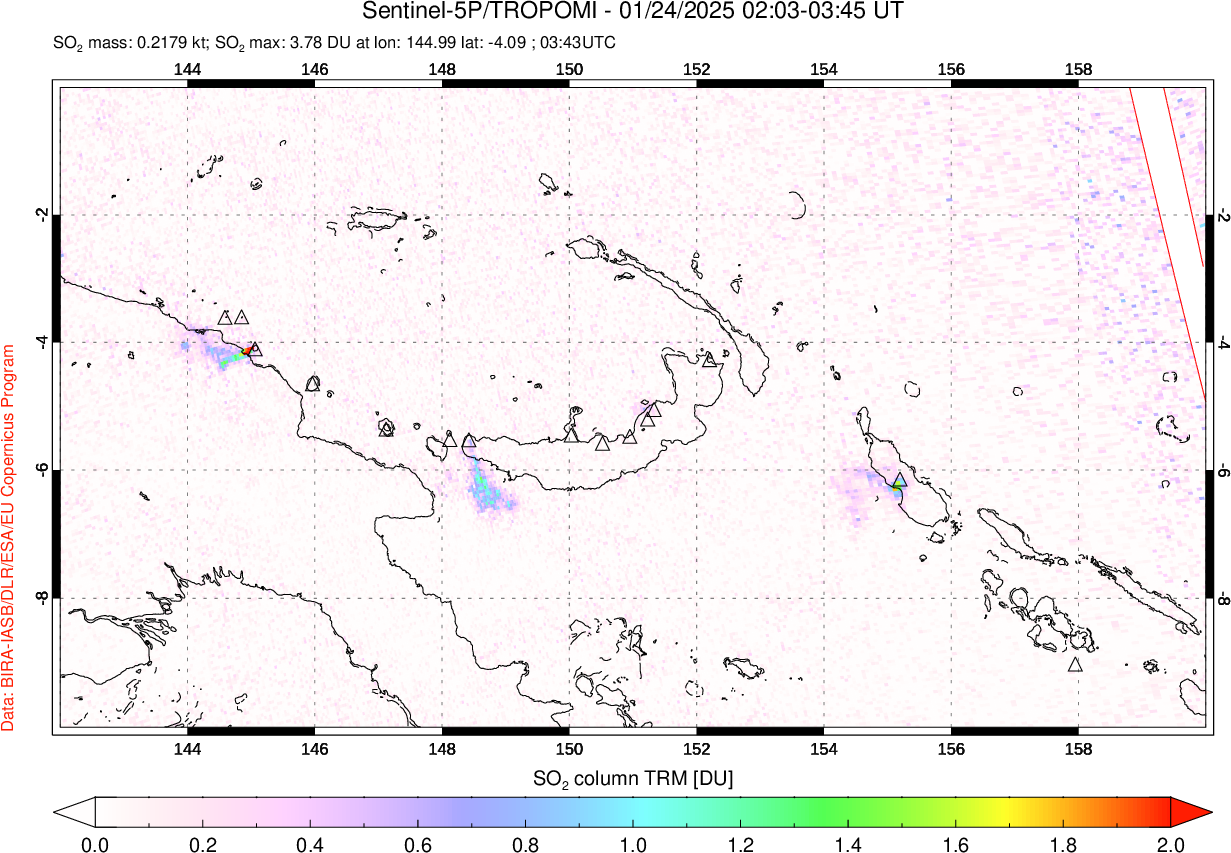 A sulfur dioxide image over Papua, New Guinea on Jan 24, 2025.