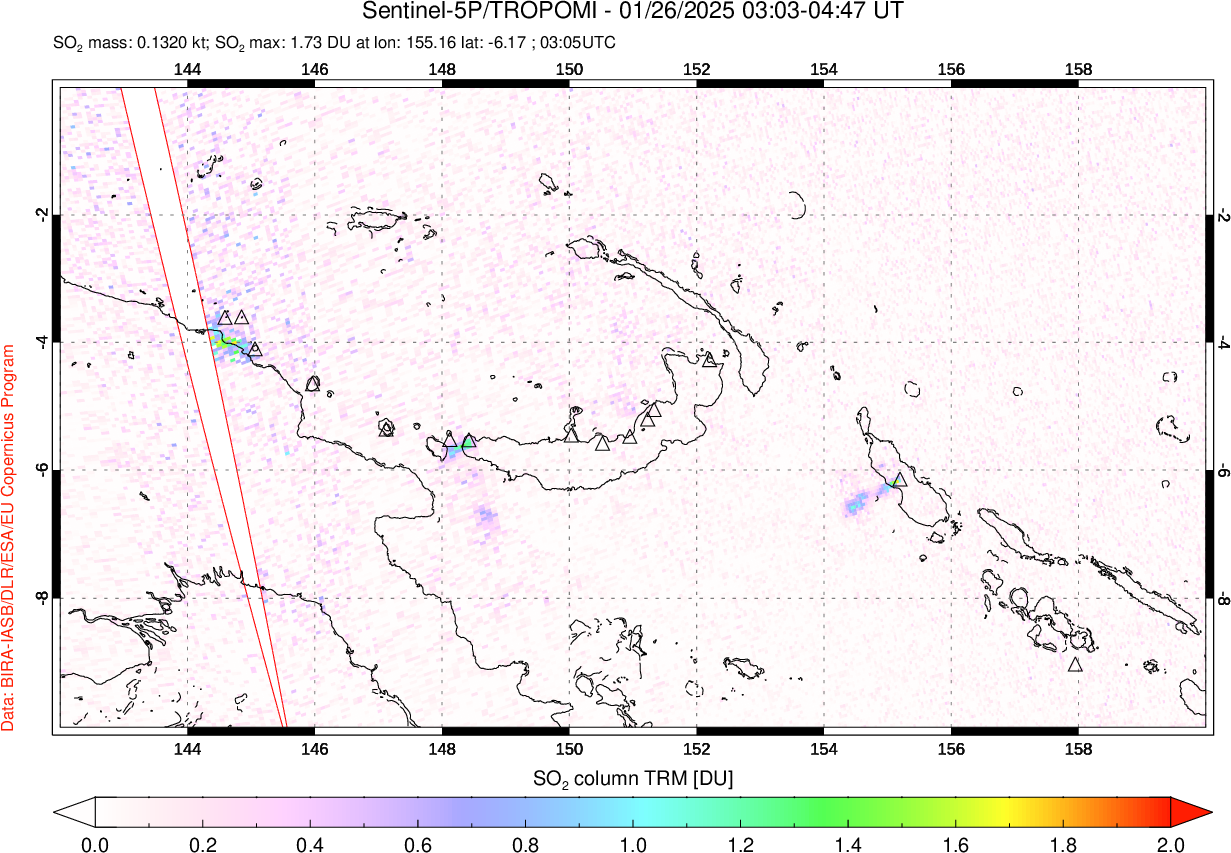 A sulfur dioxide image over Papua, New Guinea on Jan 26, 2025.