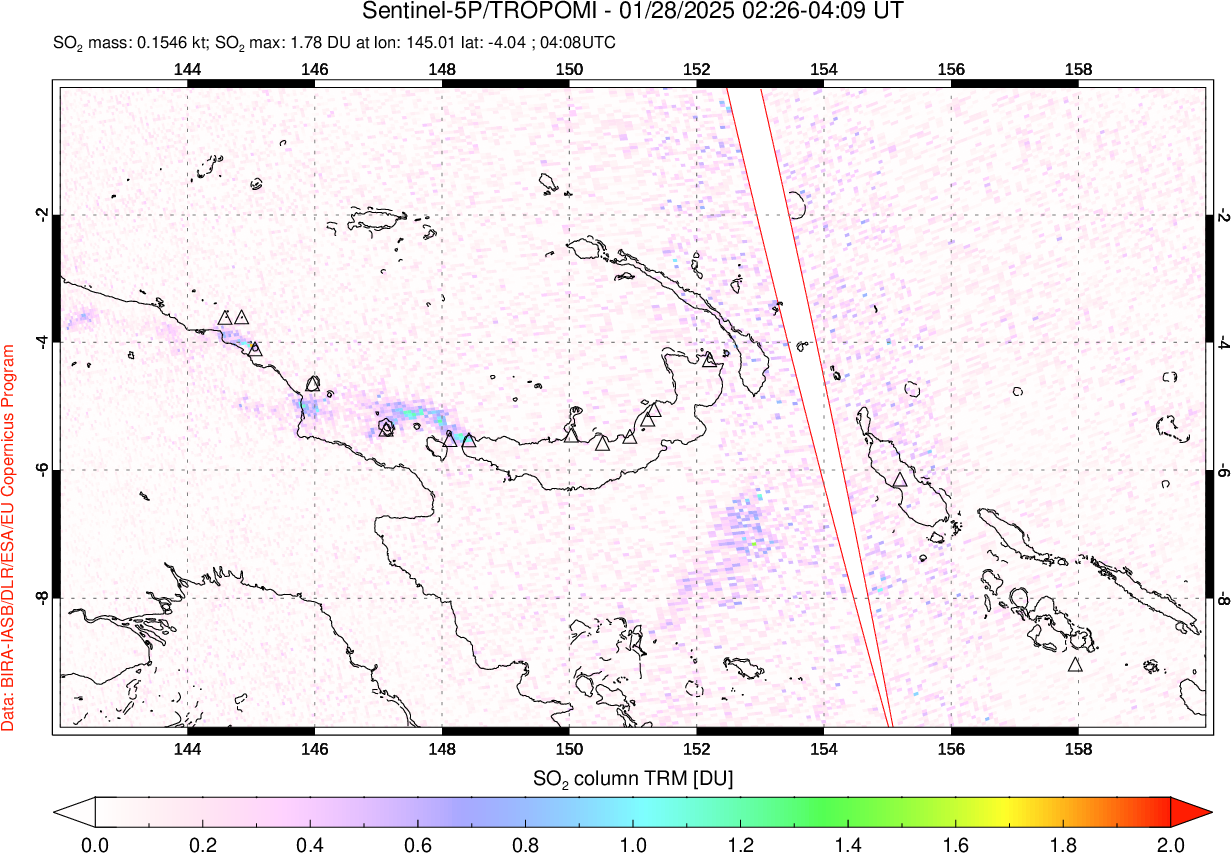 A sulfur dioxide image over Papua, New Guinea on Jan 28, 2025.