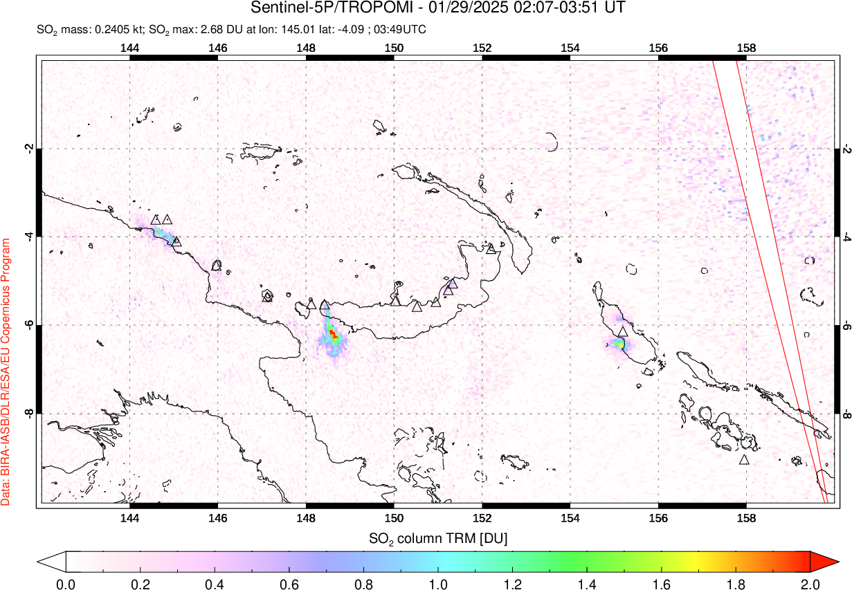 A sulfur dioxide image over Papua, New Guinea on Jan 29, 2025.