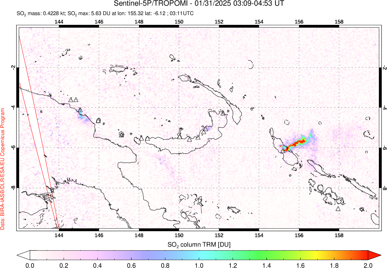 A sulfur dioxide image over Papua, New Guinea on Jan 31, 2025.