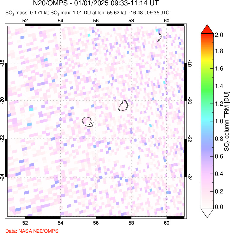 A sulfur dioxide image over Reunion Island, Indian Ocean on Jan 01, 2025.