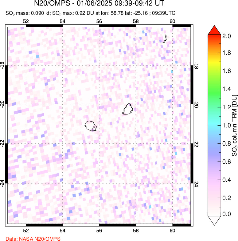 A sulfur dioxide image over Reunion Island, Indian Ocean on Jan 06, 2025.