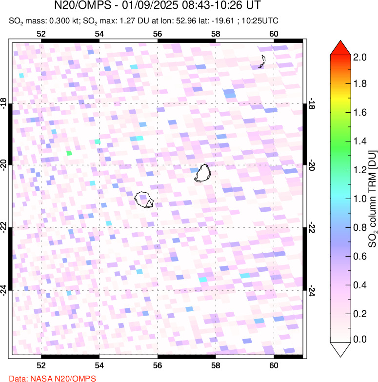 A sulfur dioxide image over Reunion Island, Indian Ocean on Jan 09, 2025.