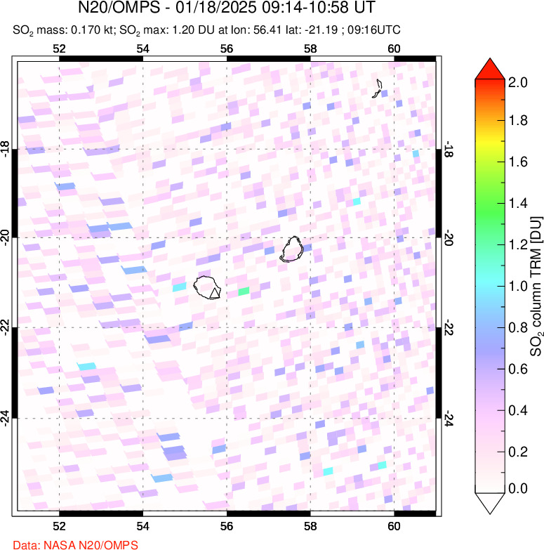 A sulfur dioxide image over Reunion Island, Indian Ocean on Jan 18, 2025.