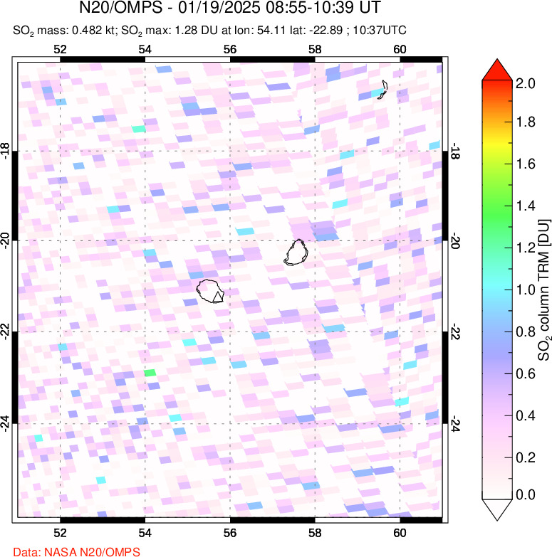 A sulfur dioxide image over Reunion Island, Indian Ocean on Jan 19, 2025.