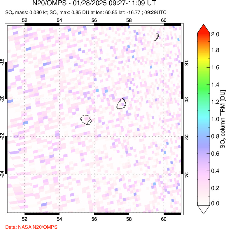 A sulfur dioxide image over Reunion Island, Indian Ocean on Jan 28, 2025.