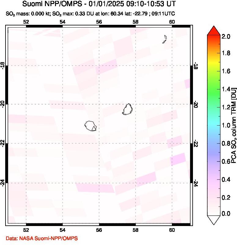 A sulfur dioxide image over Reunion Island, Indian Ocean on Jan 01, 2025.