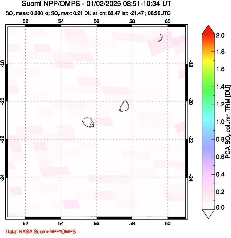 A sulfur dioxide image over Reunion Island, Indian Ocean on Jan 02, 2025.