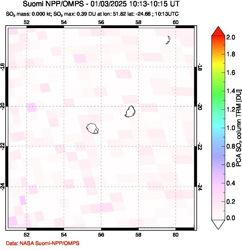 A sulfur dioxide image over Reunion Island, Indian Ocean on Jan 03, 2025.