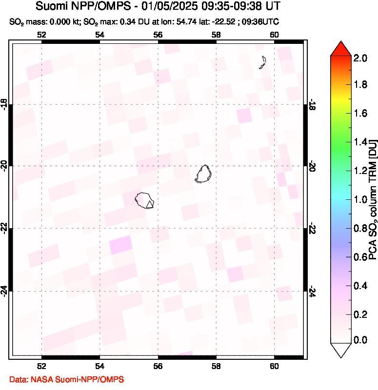 A sulfur dioxide image over Reunion Island, Indian Ocean on Jan 05, 2025.