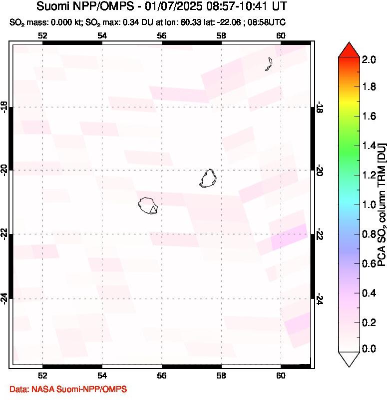 A sulfur dioxide image over Reunion Island, Indian Ocean on Jan 07, 2025.