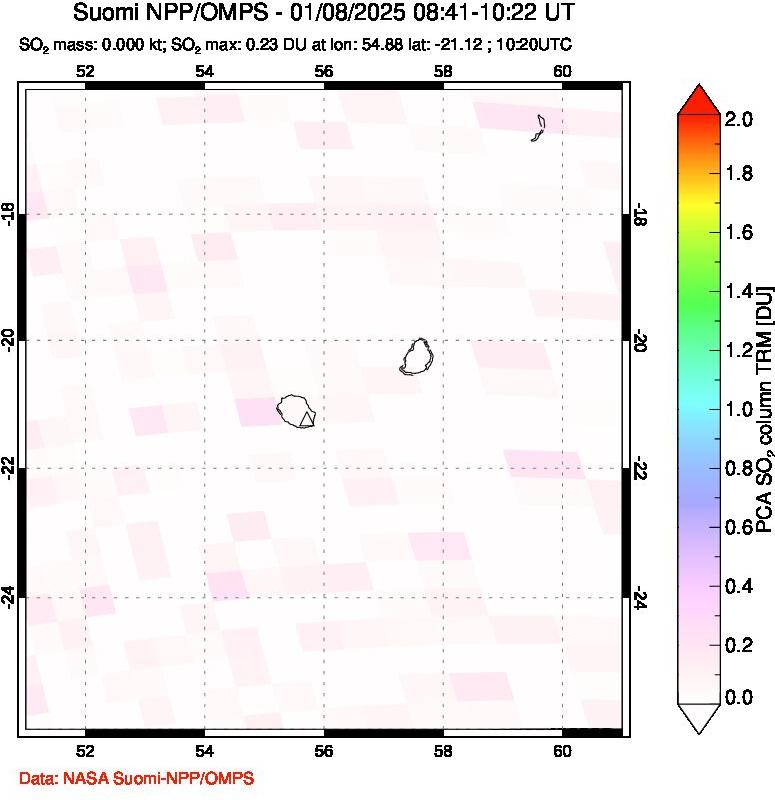 A sulfur dioxide image over Reunion Island, Indian Ocean on Jan 08, 2025.