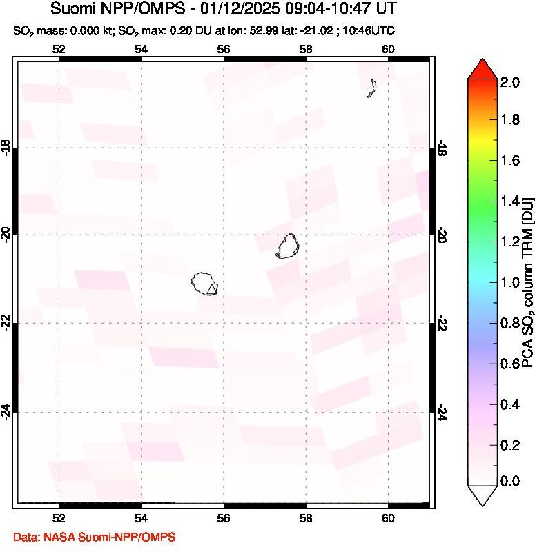 A sulfur dioxide image over Reunion Island, Indian Ocean on Jan 12, 2025.