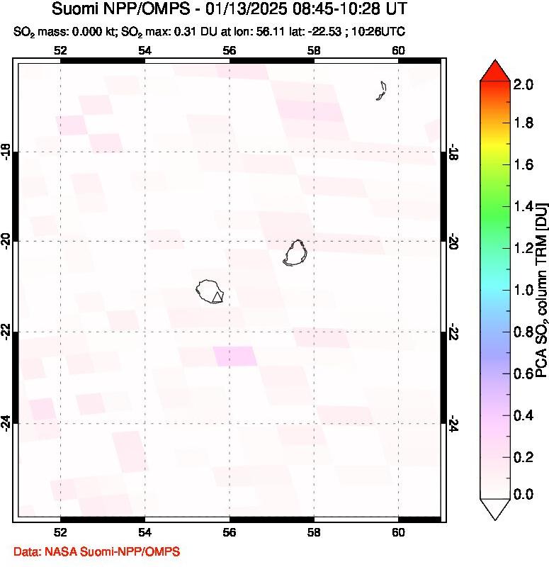 A sulfur dioxide image over Reunion Island, Indian Ocean on Jan 13, 2025.