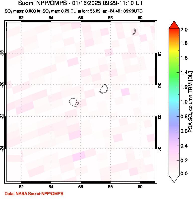 A sulfur dioxide image over Reunion Island, Indian Ocean on Jan 16, 2025.