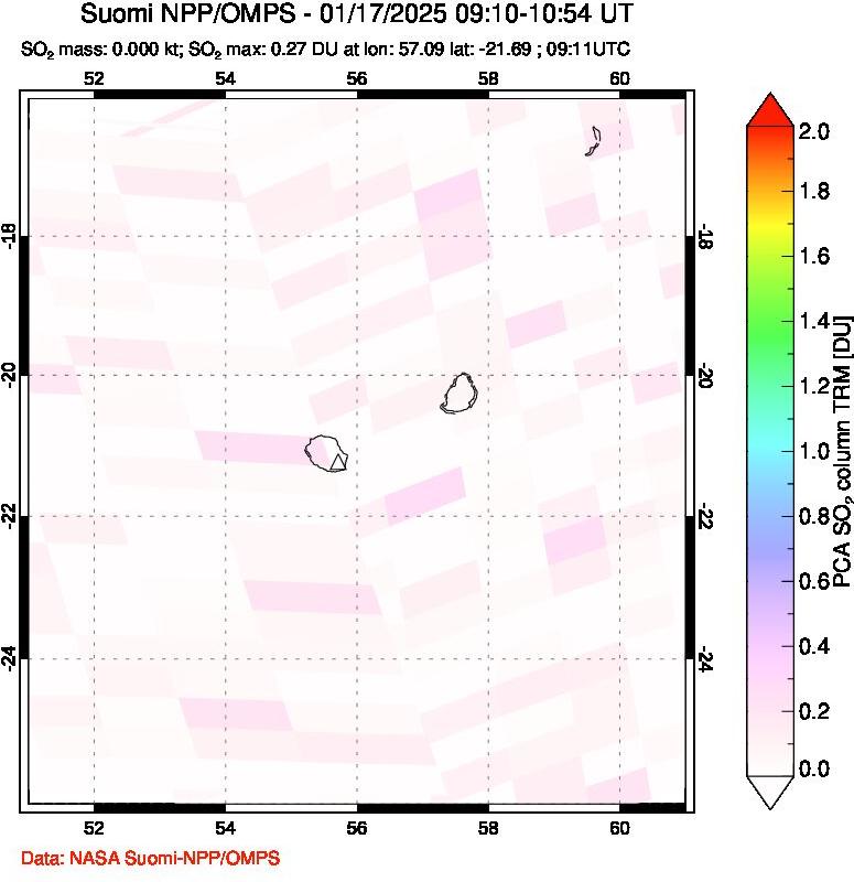 A sulfur dioxide image over Reunion Island, Indian Ocean on Jan 17, 2025.