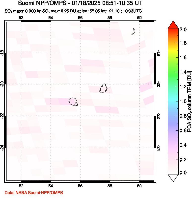 A sulfur dioxide image over Reunion Island, Indian Ocean on Jan 18, 2025.