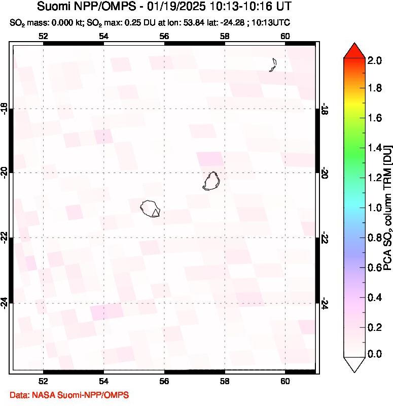 A sulfur dioxide image over Reunion Island, Indian Ocean on Jan 19, 2025.