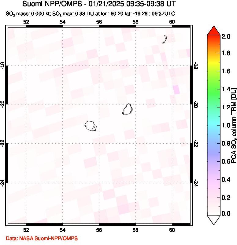 A sulfur dioxide image over Reunion Island, Indian Ocean on Jan 21, 2025.