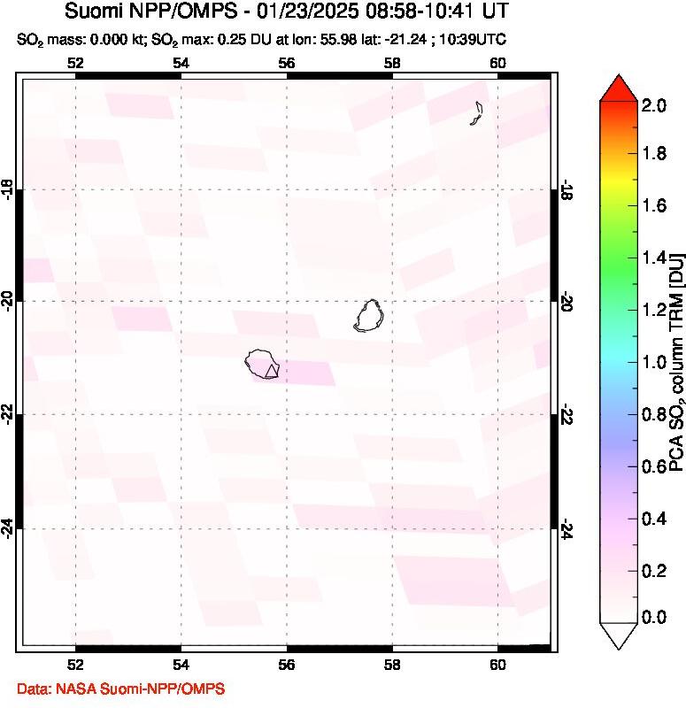 A sulfur dioxide image over Reunion Island, Indian Ocean on Jan 23, 2025.