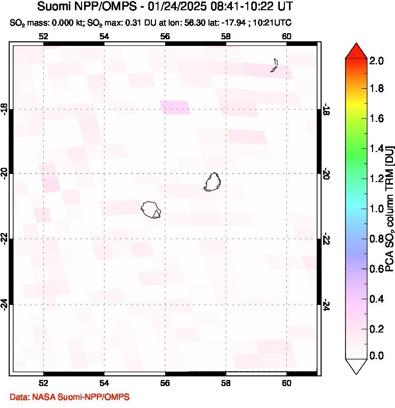 A sulfur dioxide image over Reunion Island, Indian Ocean on Jan 24, 2025.