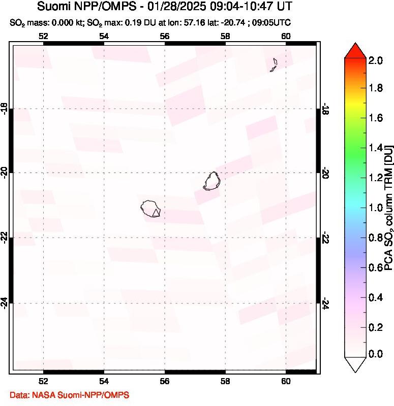 A sulfur dioxide image over Reunion Island, Indian Ocean on Jan 28, 2025.