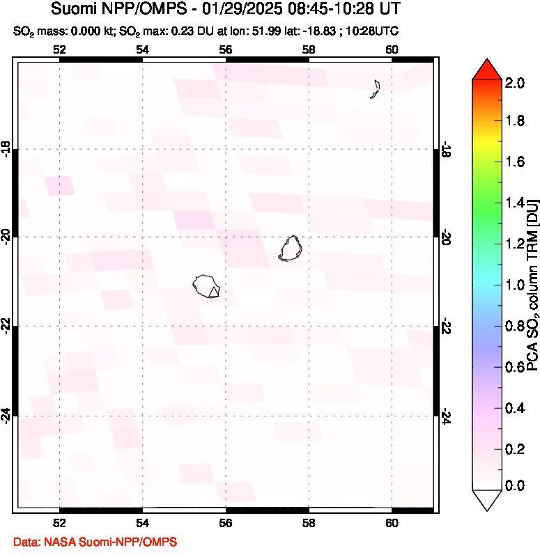 A sulfur dioxide image over Reunion Island, Indian Ocean on Jan 29, 2025.