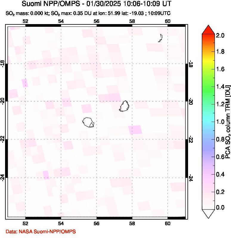 A sulfur dioxide image over Reunion Island, Indian Ocean on Jan 30, 2025.