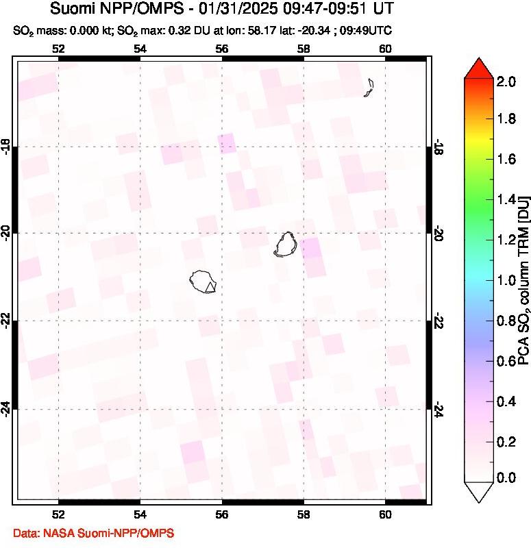 A sulfur dioxide image over Reunion Island, Indian Ocean on Jan 31, 2025.