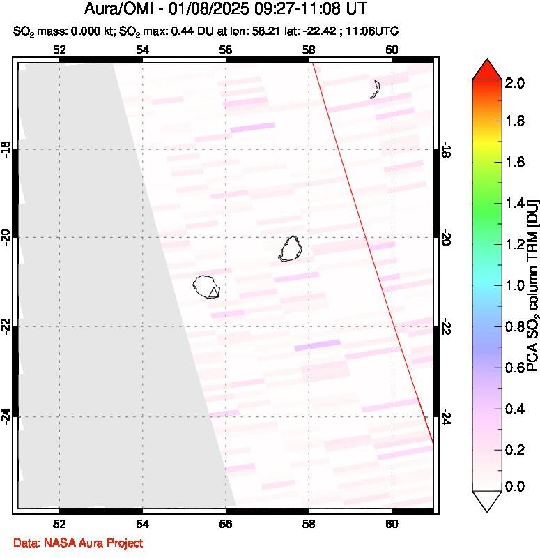 A sulfur dioxide image over Reunion Island, Indian Ocean on Jan 08, 2025.